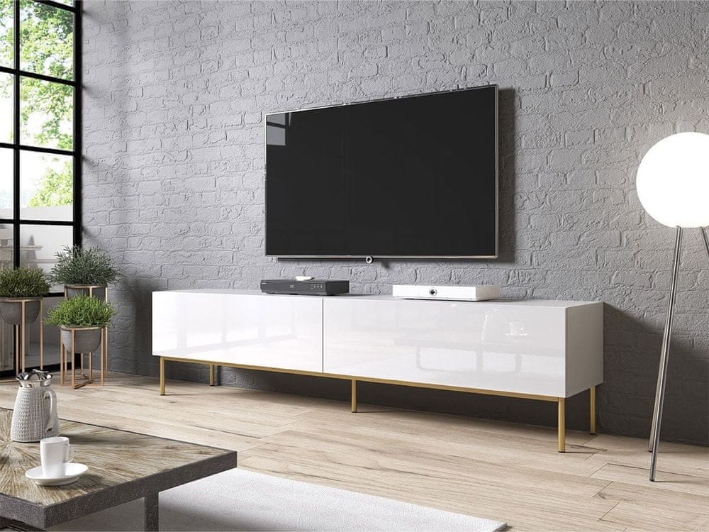 Veneti TV stolík TOKA - 200 cm, lesklý biely / zlatý